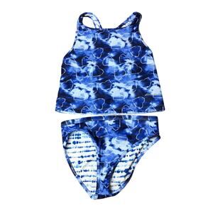 Eddie Bauer Girls Reversible 2 Piece Swimsuit Set Blue White Heart Small 7/8
